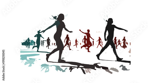 Silhouettes of women walking and dancing in various poses and colors against a white background with abstract splashes of color creating a dynamic and expressive atmosphere.