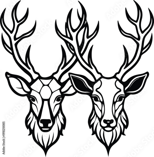 Intricate black and white illustration of two facing deer heads with elaborate antlers