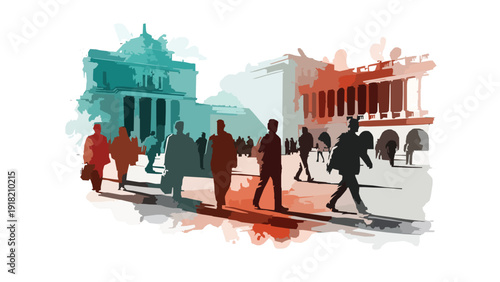 Silhouettes of business people walking in front of old classical buildings with columns and arches in a vibrant artistic illustration of urban scenery and daily life.