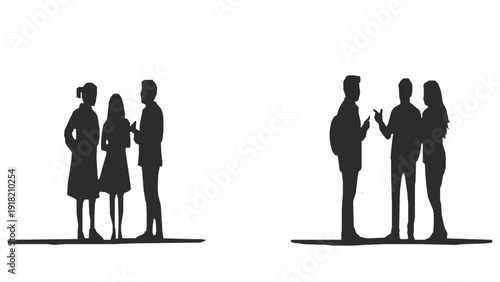 Business professionals engaging in conversation and collaboration standing in front of large abstract gray shapes on a white background with silhouetted figures.