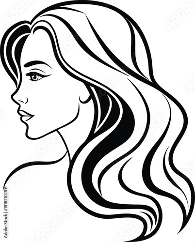 Elegant line drawing of a woman with long flowing hair in profile view