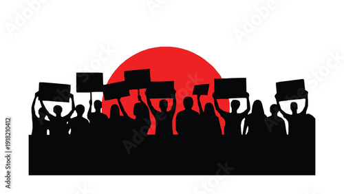 Group of people protesting together holding up signs in front of a large red sun or moon