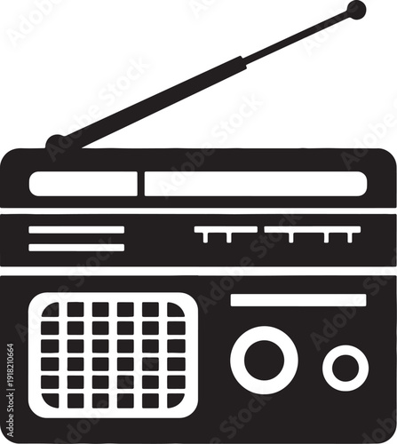 Black and white of a portable radio with an extended antenna and speaker grille also transparent background