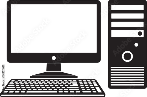 Black silhouette of a desktop computer with monitor keyboard and tower unit also transparent background