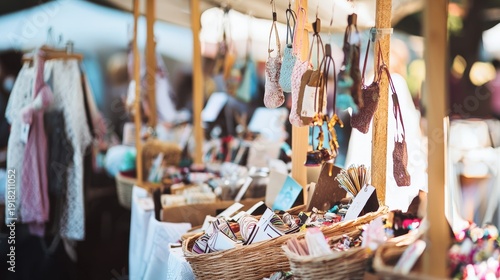 At an outdoor craft fair, handcrafted goods are displayed on tables under tents, creating a vibrant marketplace for artisans and shoppers alike on a sunny day.