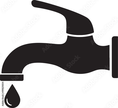Black silhouette of a water faucet with a single drop of water falling from the spout on a white background also transparent background