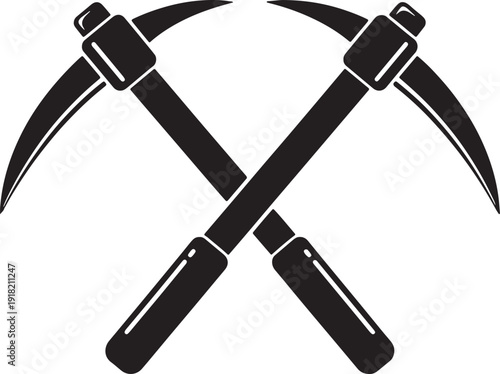 Two black crossed pickaxes with pointed heads and cylindrical handles on a white background also transparent background