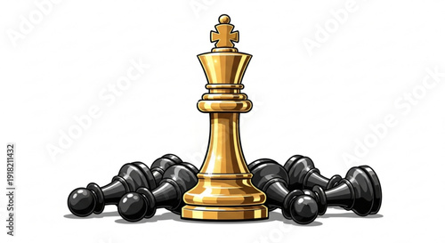 Golden chess king standing victorious among fallen black pieces on white background