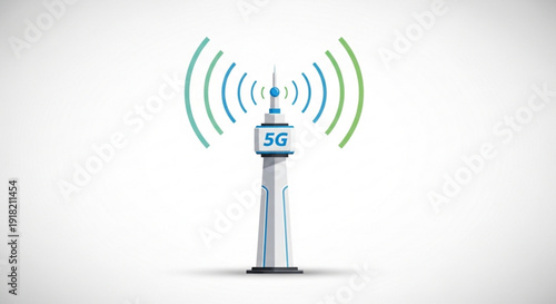 5g network tower emitting blue and green radio waves on white background