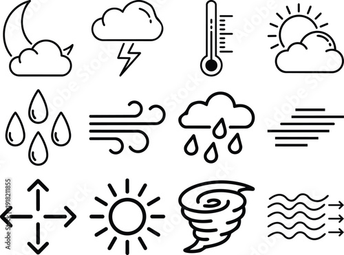 Weather icon collection. Includes cloud, sun, moon, rain, wind, storm, temperature, and forecast symbols. Created in line style with black and white palette
