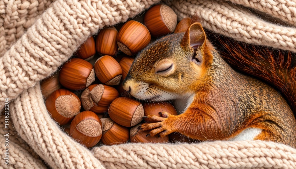 Obraz premium Cozy autumn: Squirrel nestling among hazelnuts wrapped in a soft knitted scarf