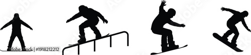 Silhouette snowboarders performing tricks, rail grind, airborne jumps, winter sports illustration, extreme action concept, snowboarding artwork, athletic movement, outdoor adventure