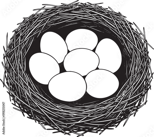 Overhead view of a detailed bird's nest woven from twigs and grass cradling a clutch of six smooth oval white eggs