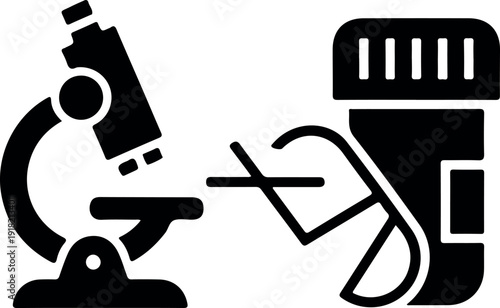 Microscope connected to DNA strand icon for science research and genetic engineering concept in flat design illustration