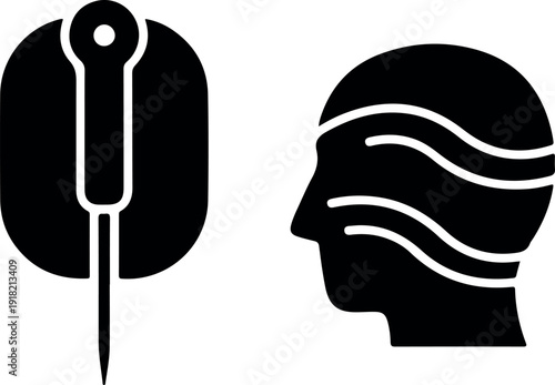 Minimalist black and white icons of coat hanger and stylish hair profile isolated on white background vector illustration