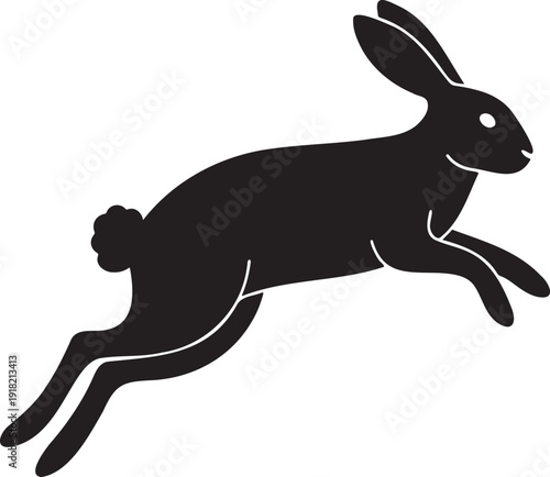 Dynamic black silhouette of a rabbit leaping energetically against a transparent background conveying motion freedom