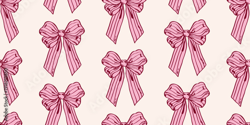 Coquette whimsical seamless pink ribbon bows pattern on cream background, elegant feminine gift wrap motif for fabric, wallpaper, packaging, wedding and Valentine branding for cards, invites.