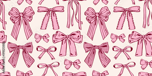 Coquette whimsical seamless pattern with assorted pink ribbon bows on a soft cream background. Feminine vintage motif for fabric, wallpaper, gift wrap, packaging, wedding and valentine.