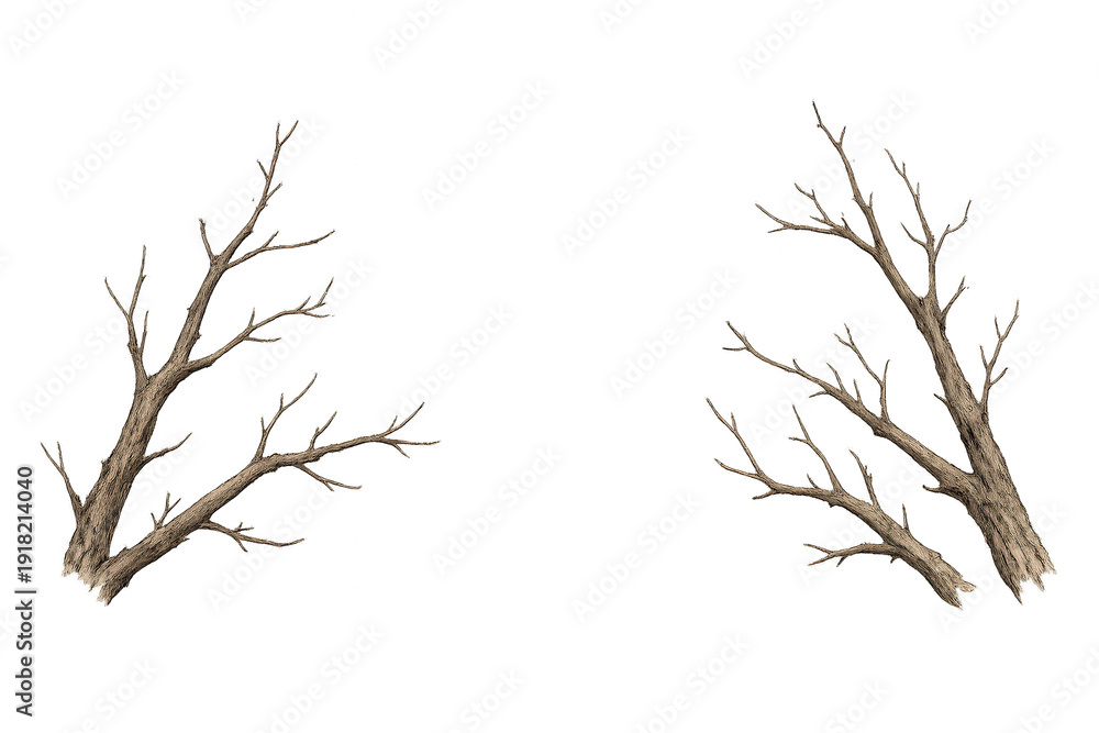 Obraz premium Dry bare tree branches with no leaves, a natural element for winter, fall, or spooky designs, isolated on transparent background