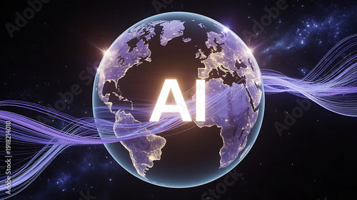 Global AI Network on Earth with Luminous Data Streams – Artificial Intelligence Concept
