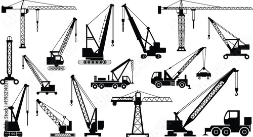 Black silhouette collection of construction cranes, heavy machinery equipment set, industrial tower cranes, mobile crawlers, and truck mounted lifts for building site projects
