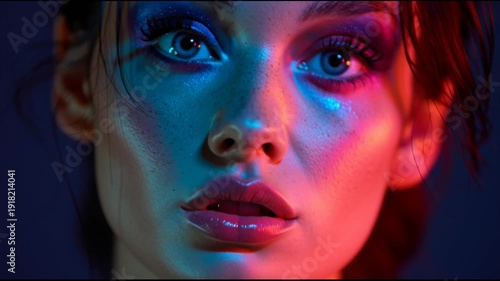 Extreme Close Womans Face Glowing Neon Cyberpunk Makeup Softly Blue Pink Purple Light