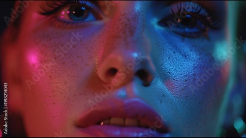 Extreme Close Womans Face Glowing Neon Cyberpunk Makeup Softly Blue Pink Purple Light