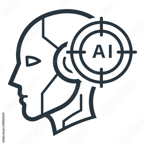 Outline of a robot head with AI target symbol, representing artificial intelligence and future technology