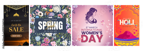 Four distinct event promotions: Eid Al-Fitr sale, Spring offer, International Women's Day, and Holi festival celebration