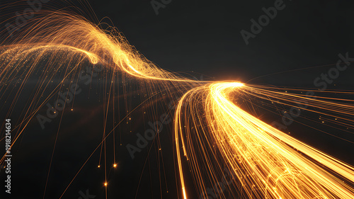 Cinematic Digital Light Trails and Glowing Sparks on Dark Background