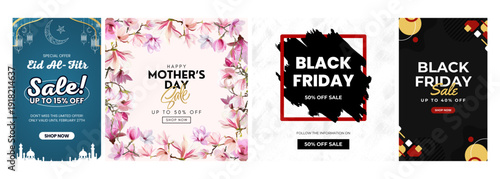 Eid Al-Fitr and Mother's Day Sales alongside Black Friday promotions featuring discounts and shop now buttons.