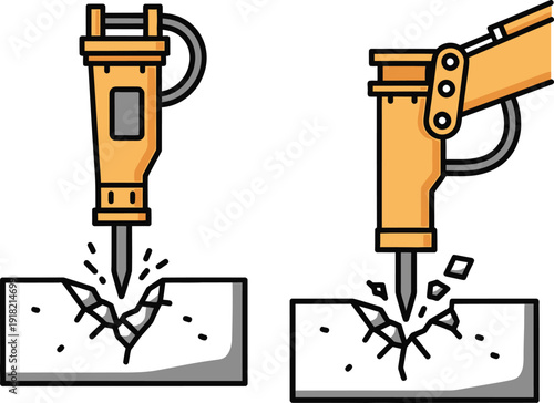 Yellow Jackhammer Drills Breaking Through Concrete Blocks on White Background Keywords: jackhammer, drill, concrete, breaking