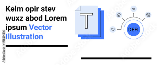 Blockchain, cryptocurrency, DEFI, financial technology, digital economy, online transactions. Central DEFI circle with connected icons. DEFI and financial technology concept