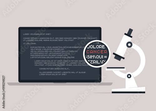 A sleek microscope stands beside a laptop screen filled with intricate code, this scene captures the essence of modern cancer research in a lab setting, merging technology and biology.