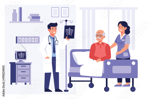 Doctor And Nurse Caring For Senior Patient In Hospital Room Vector Illustration