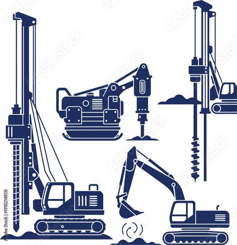 Construction Equipment Icons Drilling Rigs Excavator and Vibratory Compactor Keywords: construction, machinery, equipment, heavy