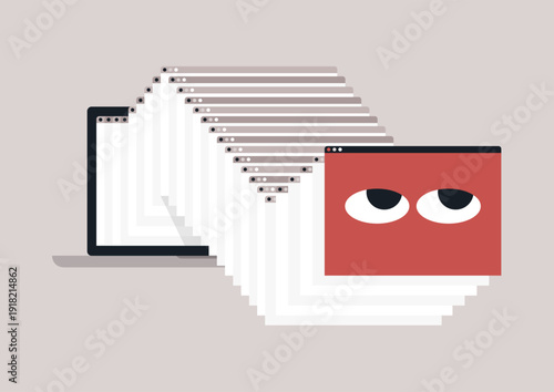 Multiple computer screens overlap, symbolizing the pervasive nature of online stalking, The design hints at hidden threats lurking in digital spaces, raising awareness of this serious issue.