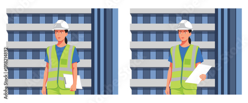 Female Construction Worker Engineer With Safety Helmet And Blueprint Vector Illustration