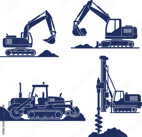 Construction Equipment Silhouettes Excavator Bulldozer Drilling Rig Set heavy machinery