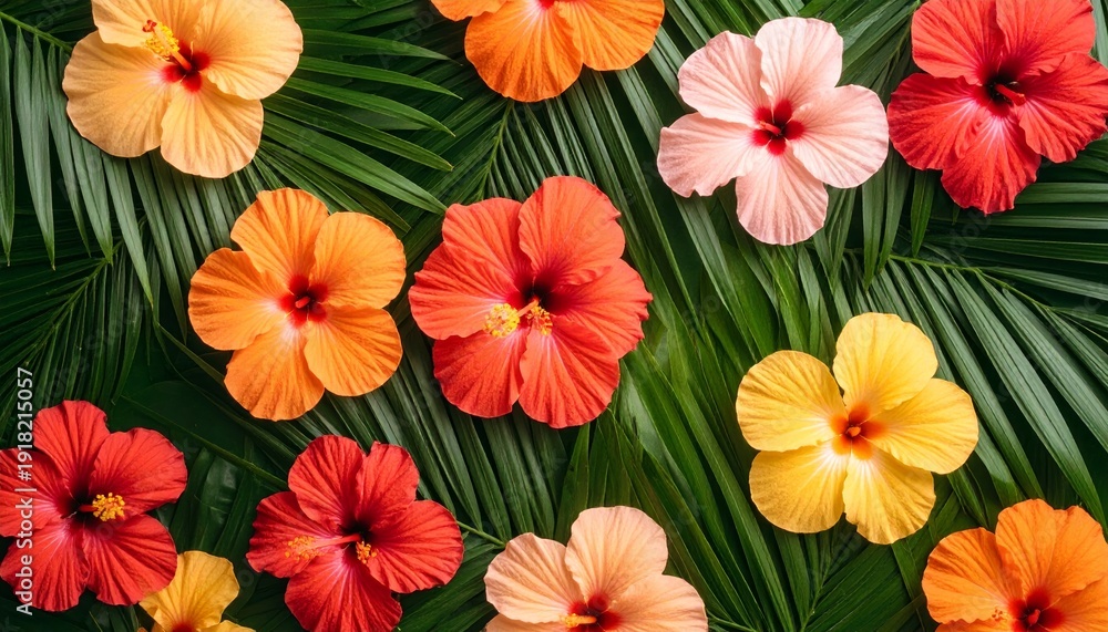 Fototapeta premium Vibrant hibiscus flowers and palm leaves create a seamless tropical pattern