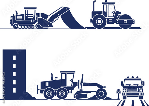 Construction Scene With Bulldozer Roller Grader And Truck On White Background road roller