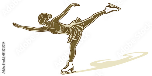 Elegant female figure skater performing a graceful spiral on ice, vector