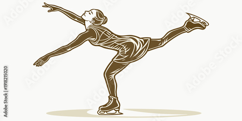 Elegant female figure skater performing a graceful spiral on ice, vector
