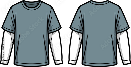 Layered Long Sleeve T Shirt Front and Back View Flat Vector Fashion Apparel Template for Streetwear Mockup