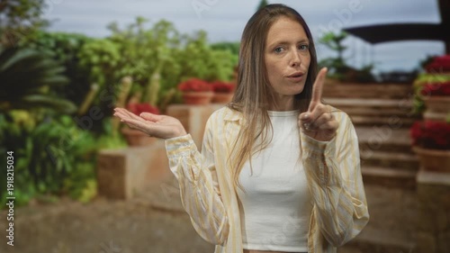 Woman raising index finger with open palm as if saying no on street stairs beside potted plants and steps; stern warning.