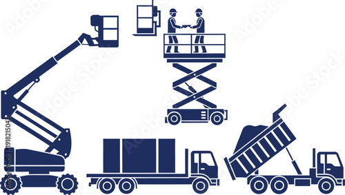 Construction Site Equipment and Personnel Silhouettes Keywords: aerial lift, scissor lift, dump truck, flatbed truck, construction