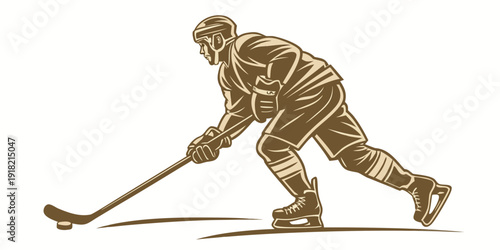 Stylized illustration of a professional ice hockey player skating with a puck, vector