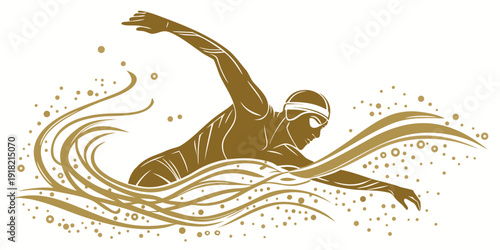 Stylized golden illustration of a professional swimmer in motion, vector