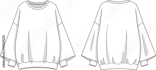 Oversized Crew Neck Sweatshirt Front and Back View Flat CAD Drawing Minimalist Blank Pullover Mockup Template for Fashion Design