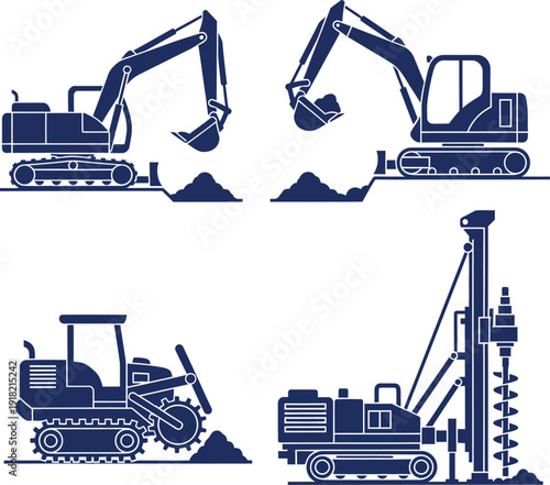 Four dark blue construction vehicles digging and drilling on white background excavator bulldozer